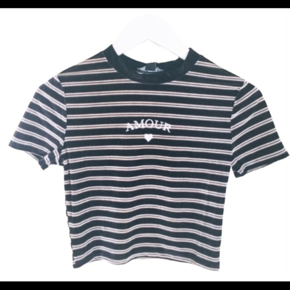 NWT FOREVER 21 Striped Decal Amour Etched Print Cap Sleeve Slub Tee Black Small - Picture 3 of 7